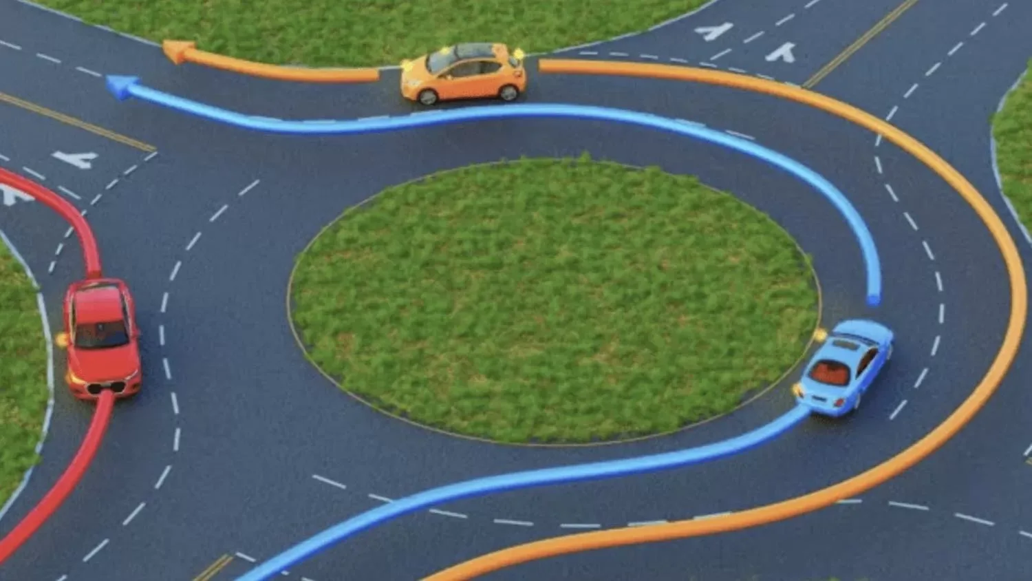 Welke auto gebruikt de rotonde niet zoals het hoort?