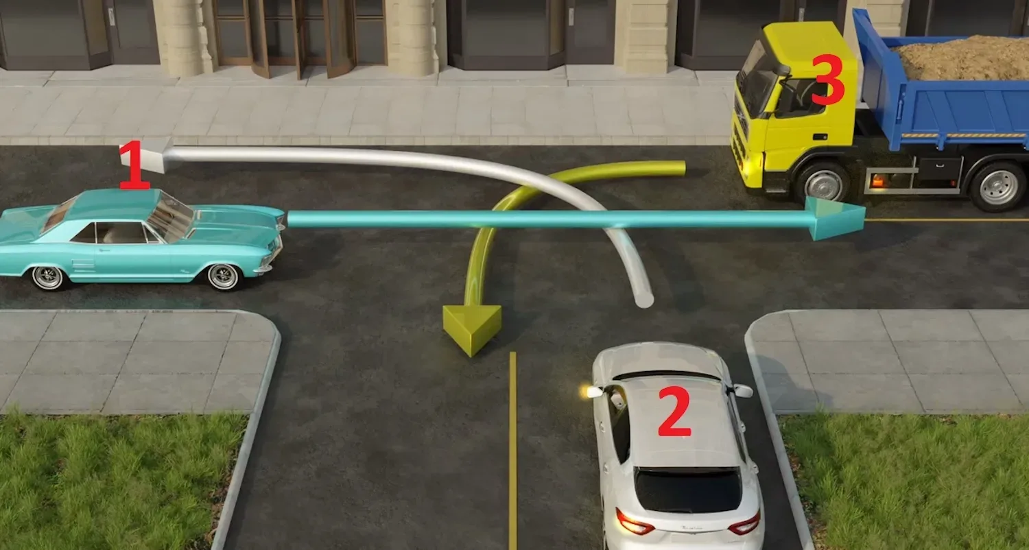 Wie mag eerst? De vrachtwagen, blauwe auto of witte auto?