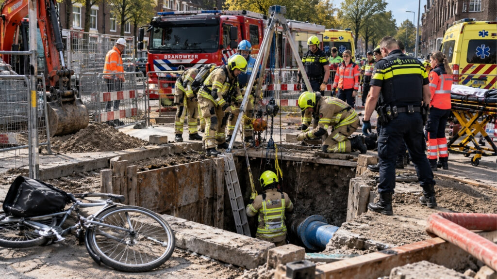 Vrouw fietst langs rioolwerkzaamheden, maar dan gaat het plotseling helemaal mis